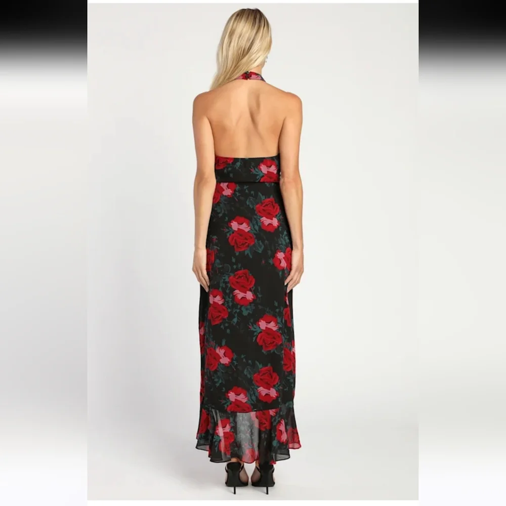 Lulu's Elegant Y2K Vibes Entrance Black Red Floral Print Halter Maxi Dress S - Picture 2 of 12